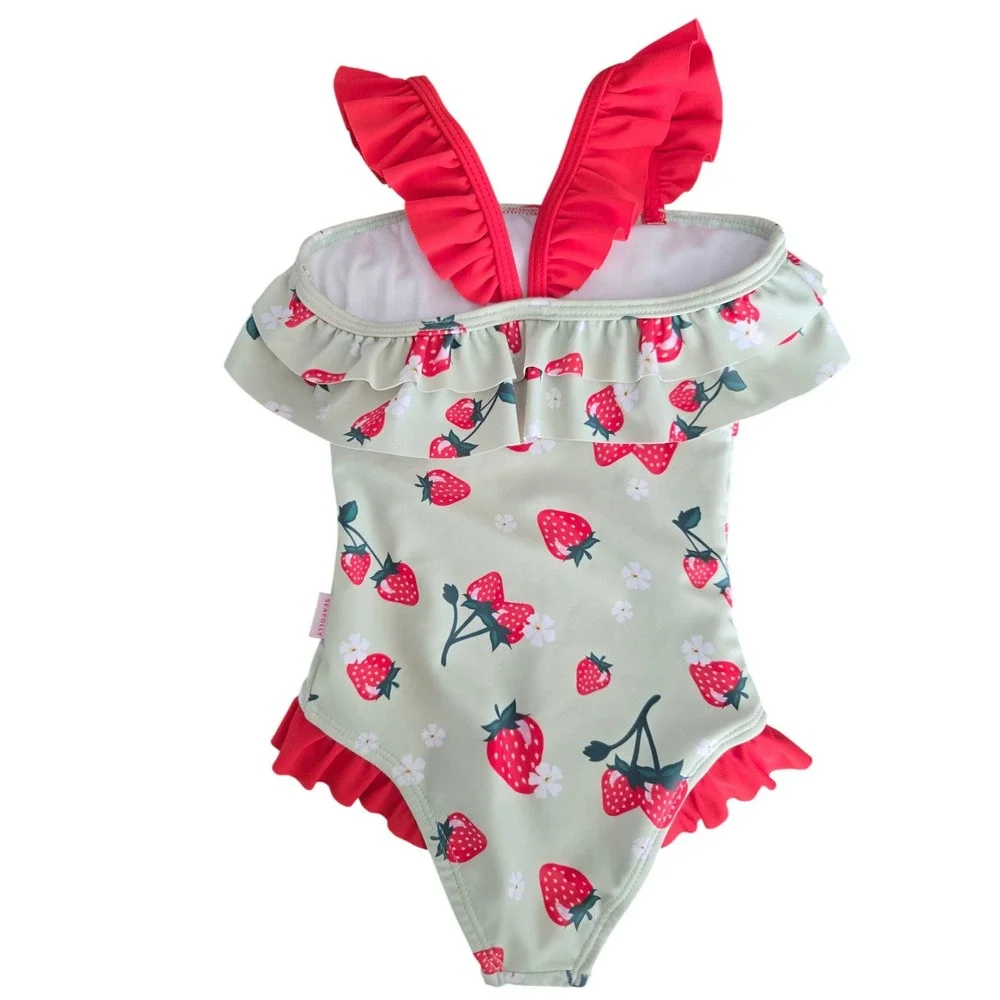 Seafolly‎ Girls Strawberry Ruffle One Piece Swimsuit Sage Green Red Size 2 92cm